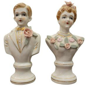 Vintage Bone China Flower Couple Figurines Hand Painted w Gold Accents Set of 2